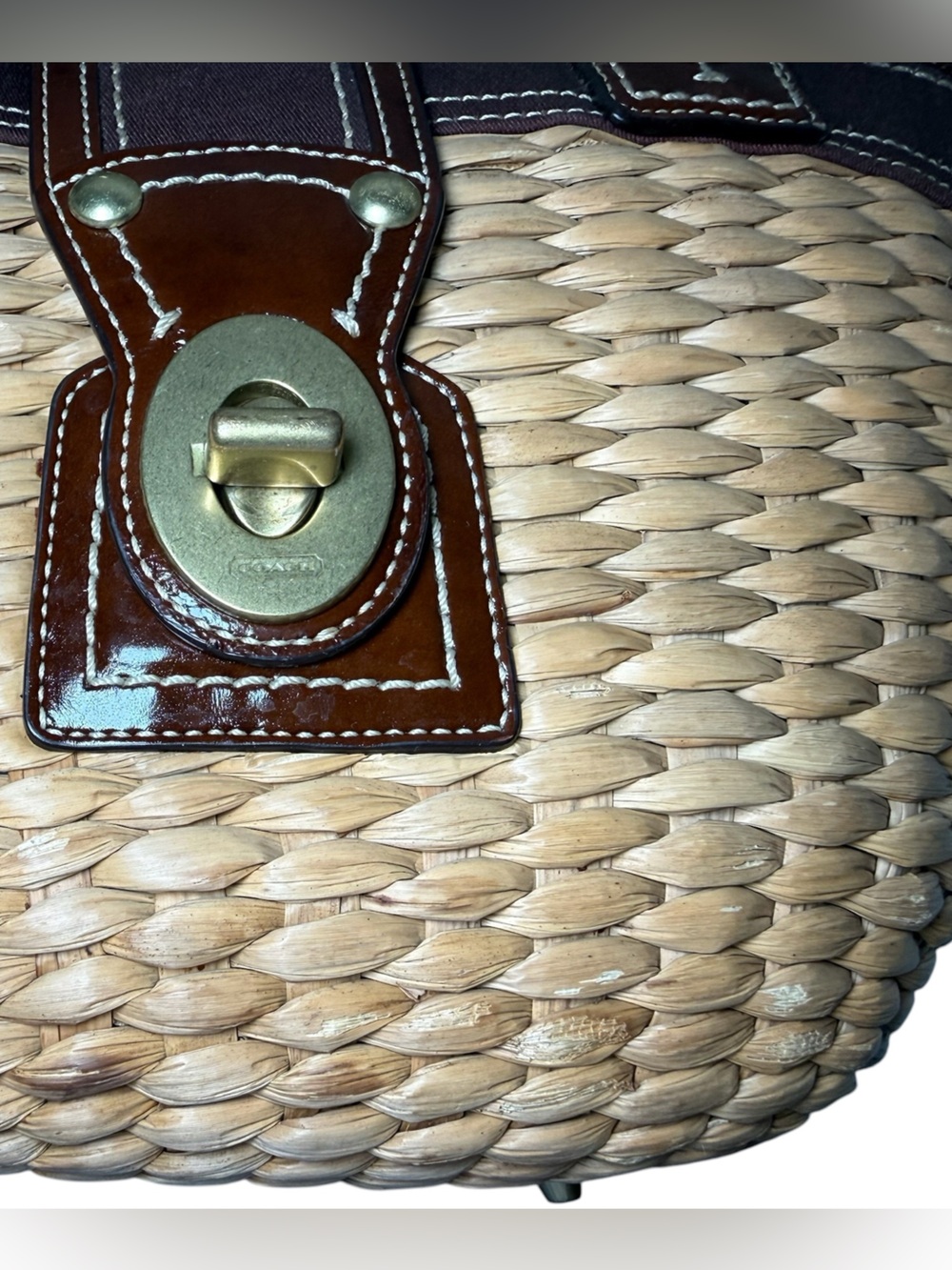 GUC Coach Straw Tote with Brown Leather Trim and Brass Hardware - Picture 5 of 10